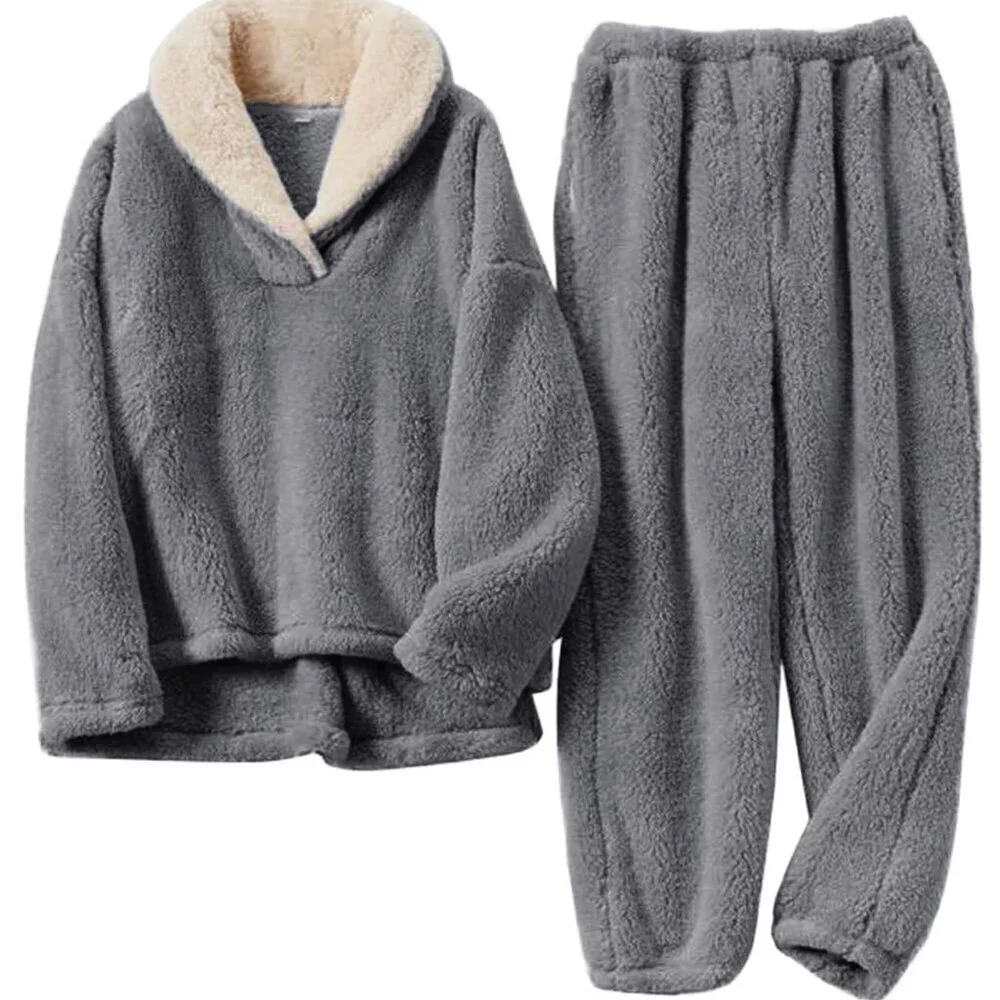 Men's Fluffy Fleece Pajama Set Soft Plush Winter Loungewear Sleepwear Classic